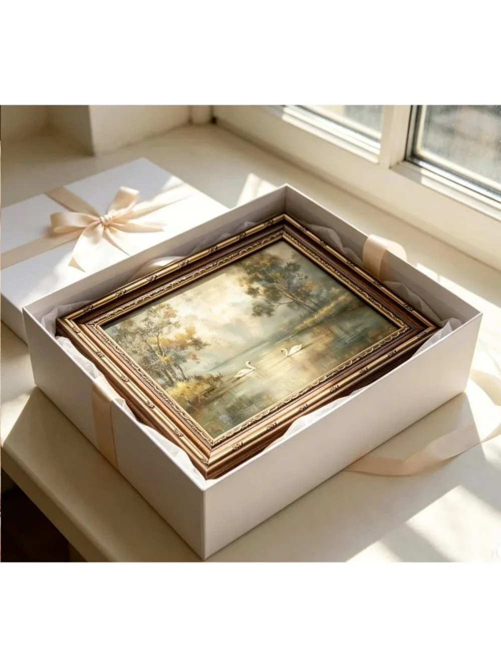 Vintage Gold Framed Swan Lake Canvas Art - Rustic Romantic Landscape Print for